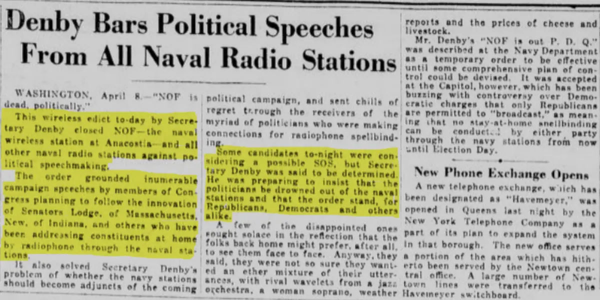 Newspaper announces that political speeches are banned from Naval radio stations