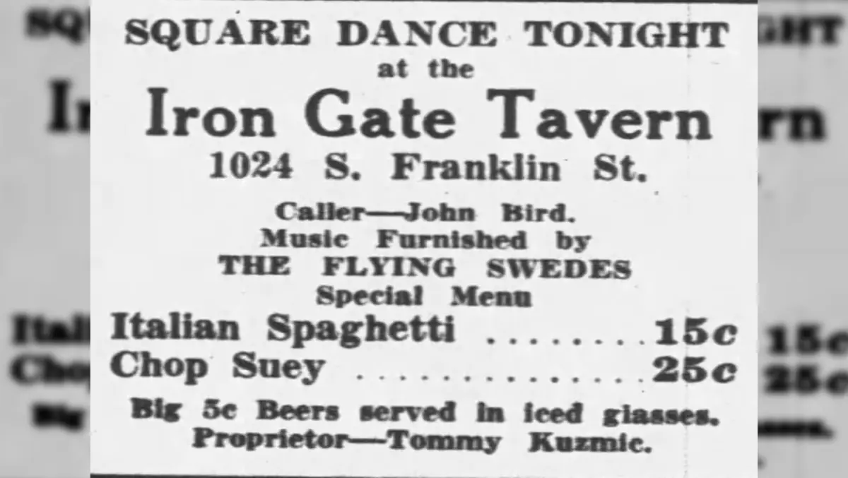 Newspaper advert for the Iron Gate Tavern in South Bend