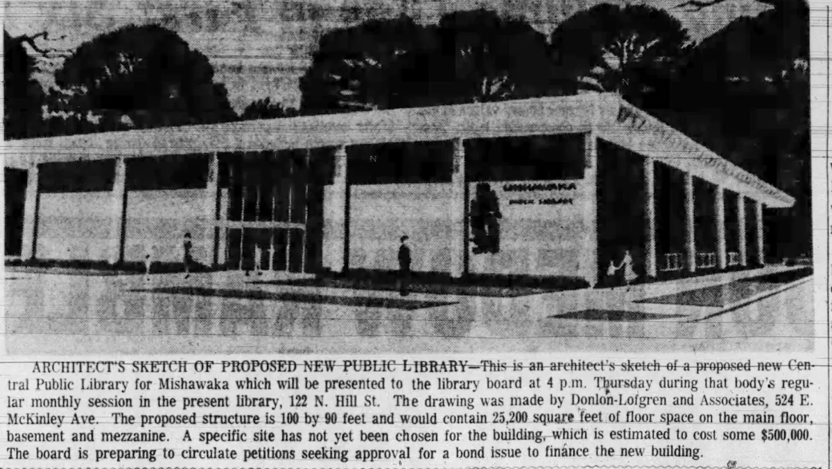 Architectural sketch of the proposed Mishawaka Library, drawn in 1964.