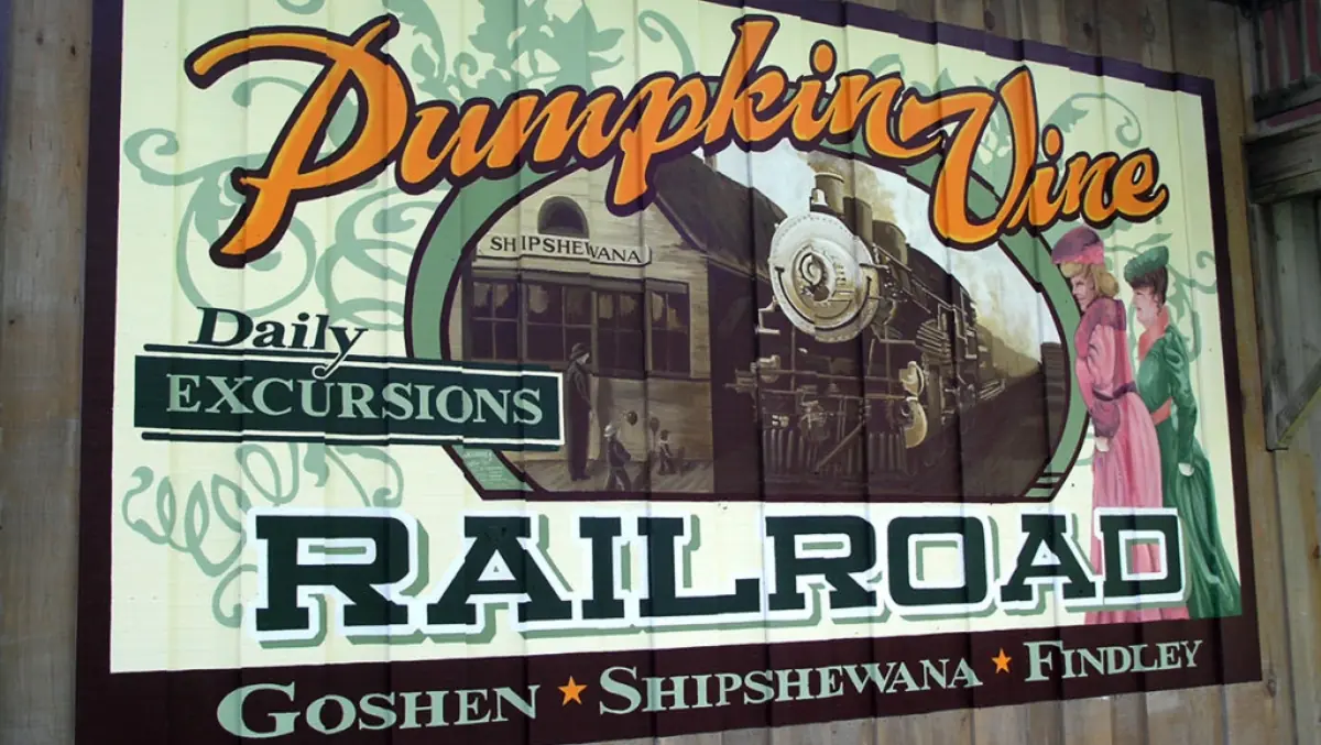 A mural in Shipshewana remembers the Pumpkinvine Railroad