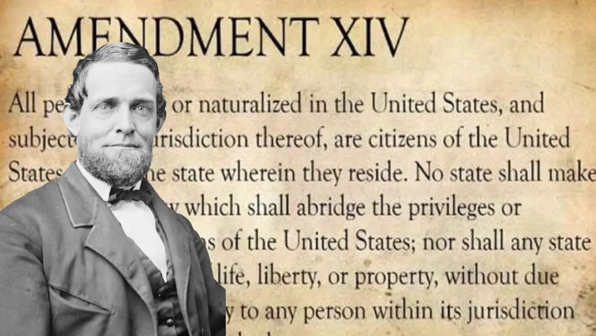 Photograph of Schuyler Colfax, superimposed over the text of the 14th Amendment