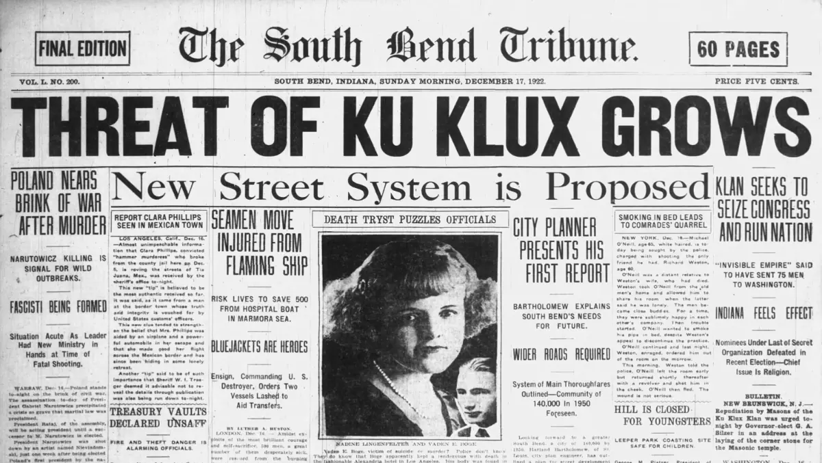The December 17, 1922 issue of the South Bend Tribune warns of the threat of the Klan
