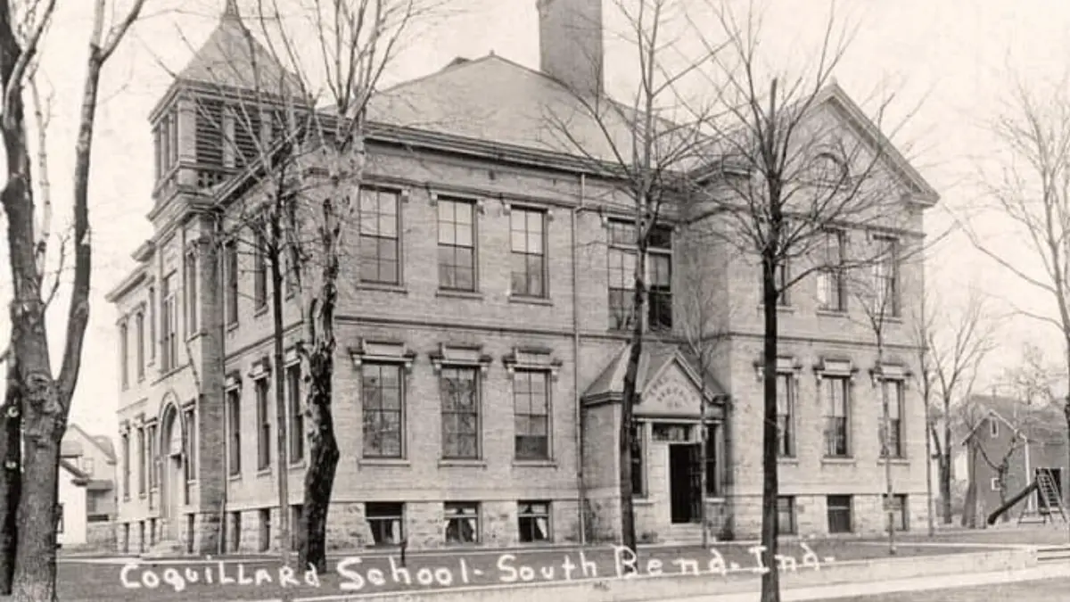 Black and white photograph of the original Coquillard School