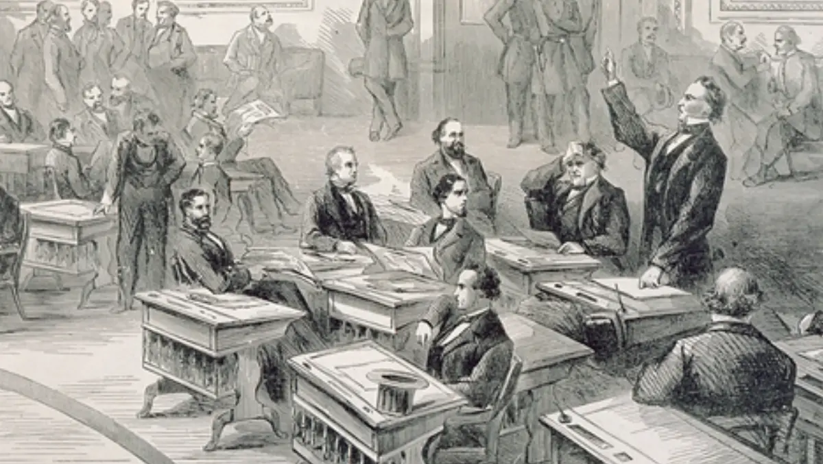 Political cartoon shows the expulsion proceedings of Senator Jesse Bright.