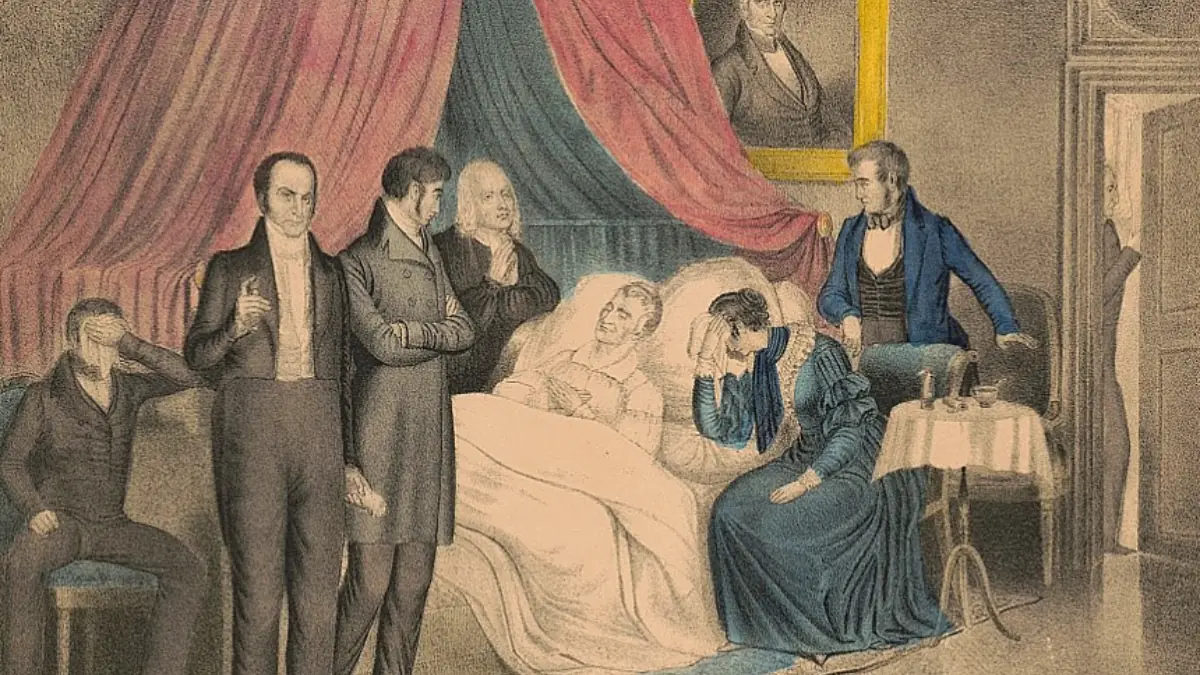 Illustration from the N. Currier Company announcing the death of William Henry Harrison on April 4, 1841