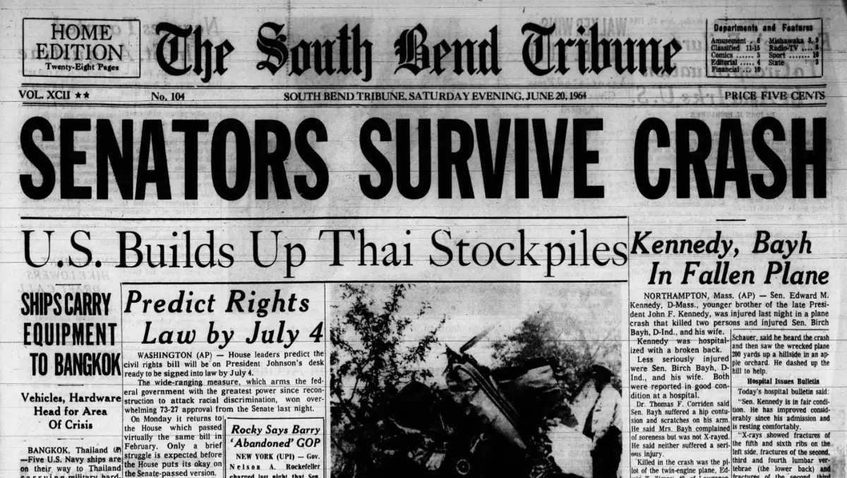 Newspaper headline shares the Kennedy & Bayh plane crash