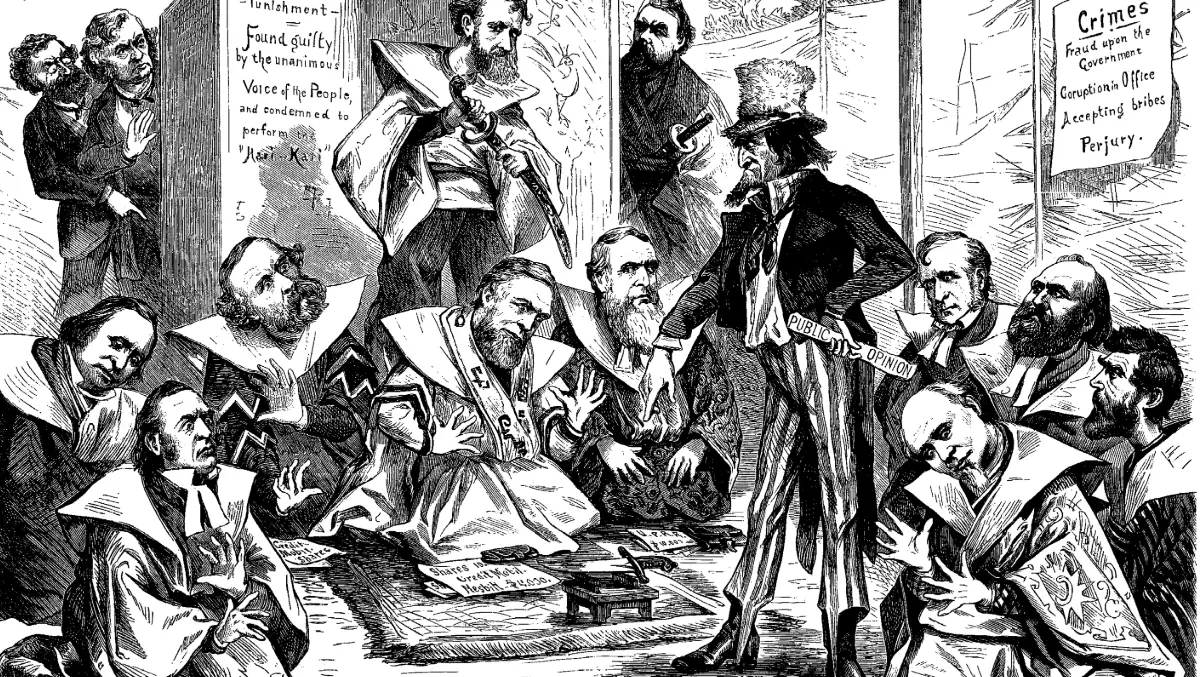 1873 political cartoon lampoons Schuyler Colfax's role in the Crédit Mobilier Scandal