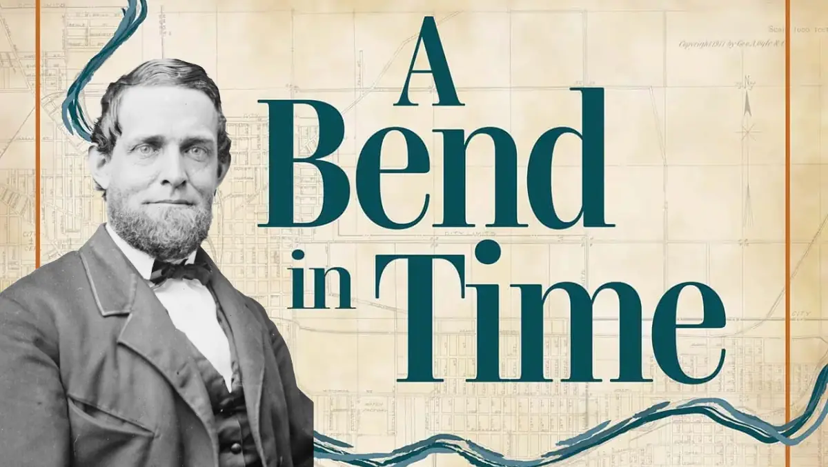 Image of Schuyler Colfax against a backdrop promoting the podcast series 'A Bend In Time'