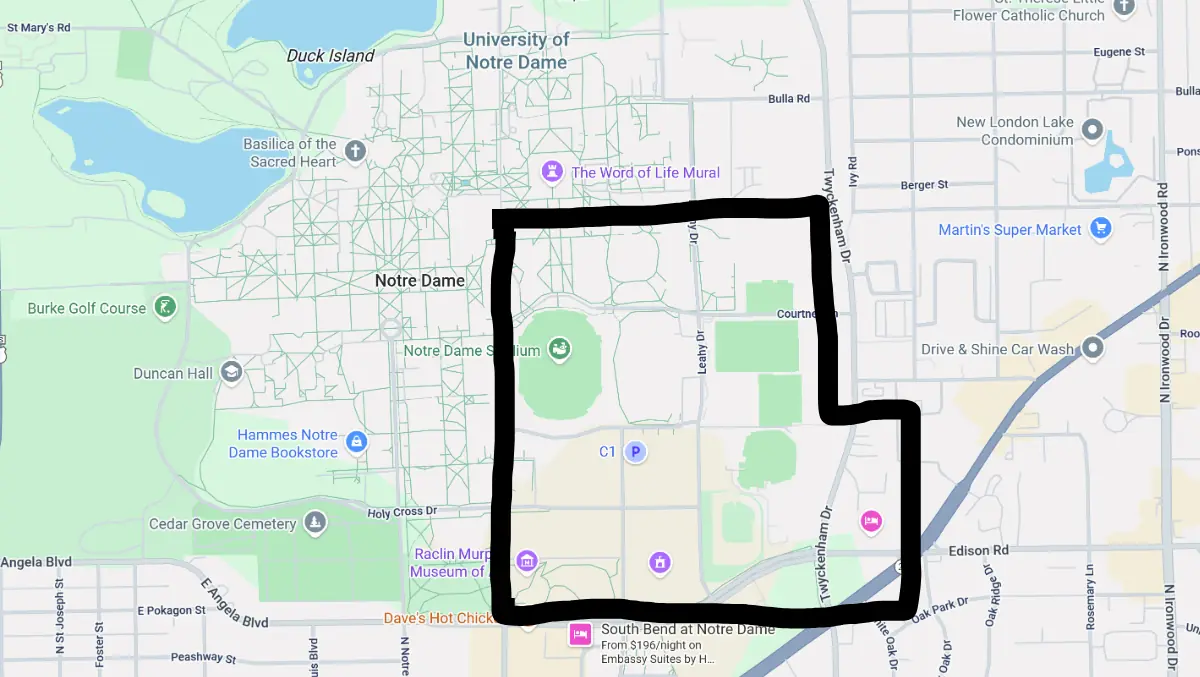 Map shows Notre Dame Stadium squarely on the acreage that used to be the Chalfant Farm.