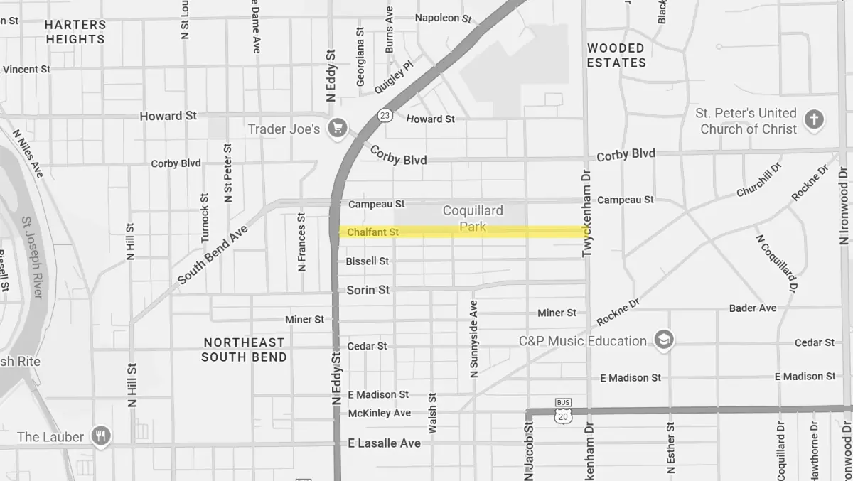 Chalfant Street is highlighted on this satellite map.