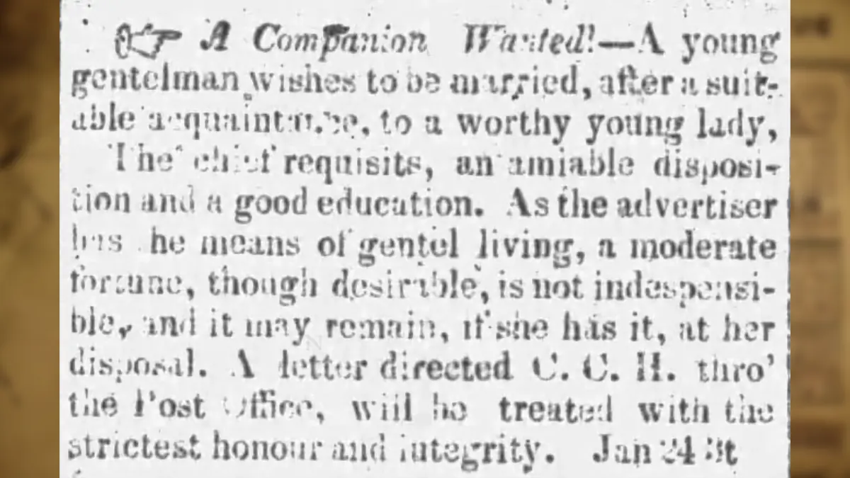 Personal Ad run in the St. Joseph Beacon on January 25, 1832.