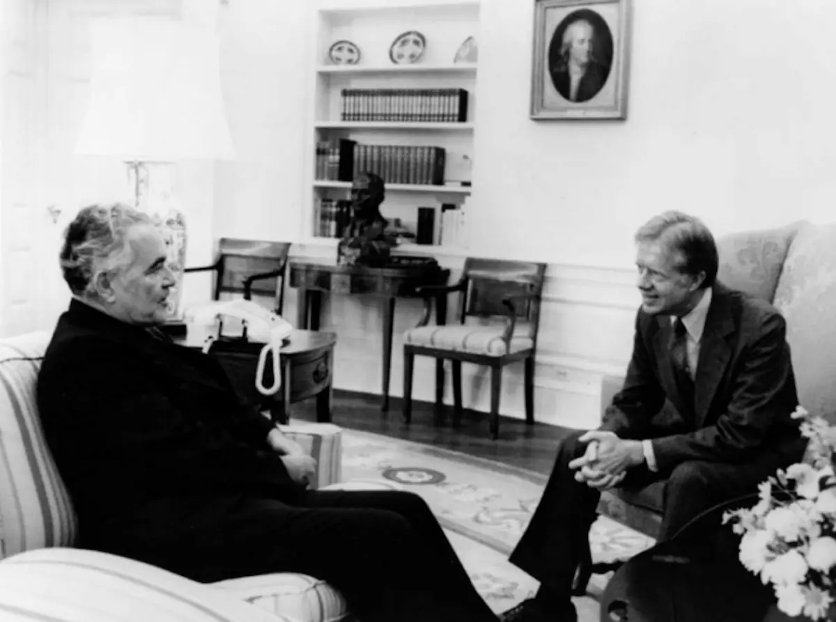 Jimmy Carter and Father Ted Hesburgh meet at the White House.