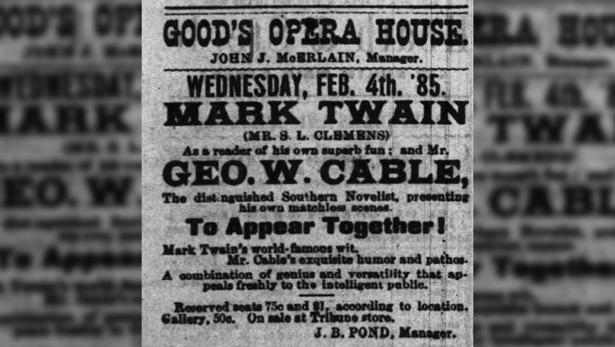 The South Bend Tribune advertises a speaking engagement featuring Mark Twain in South Bend.