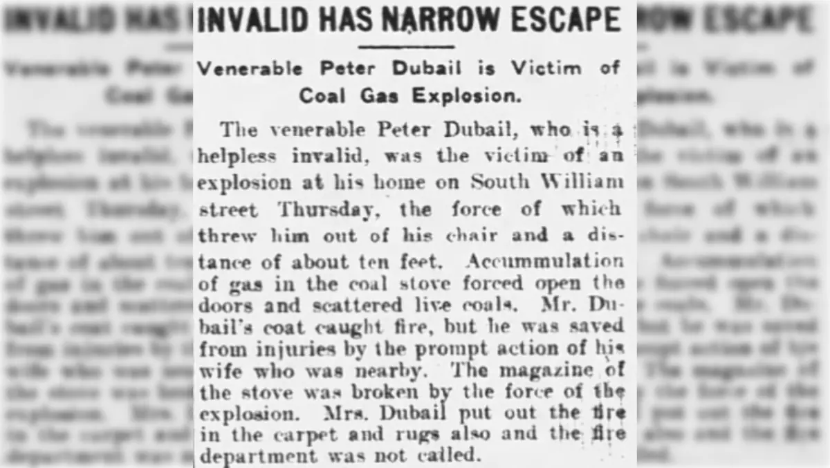 Newspaper account of the home explosion of Peter DuBail.