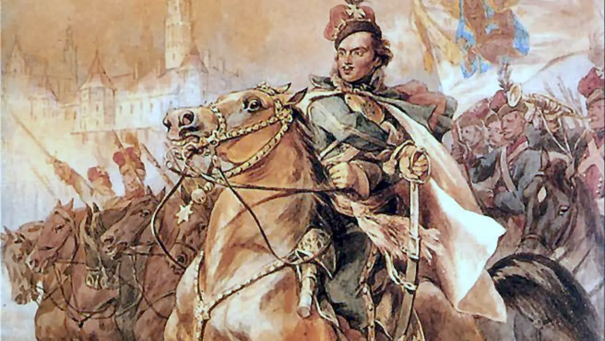 Painting of Casimir Pulaski leading a cavalry charge