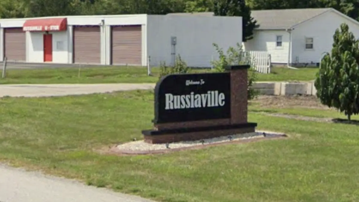 Sign welcoming travelers to Russiaville, Indiana