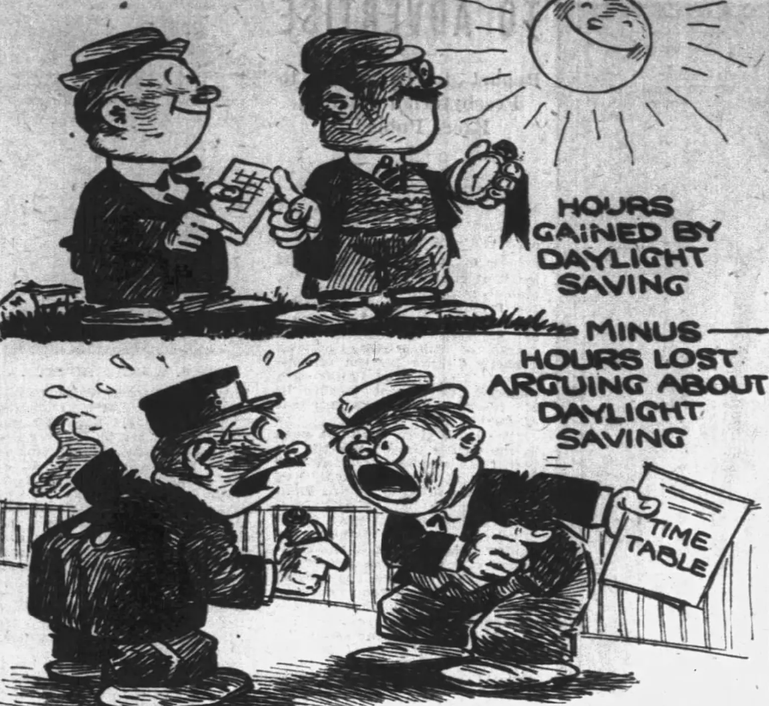 Newspaper cartoon lampoons the Daylight Savings Time debate.