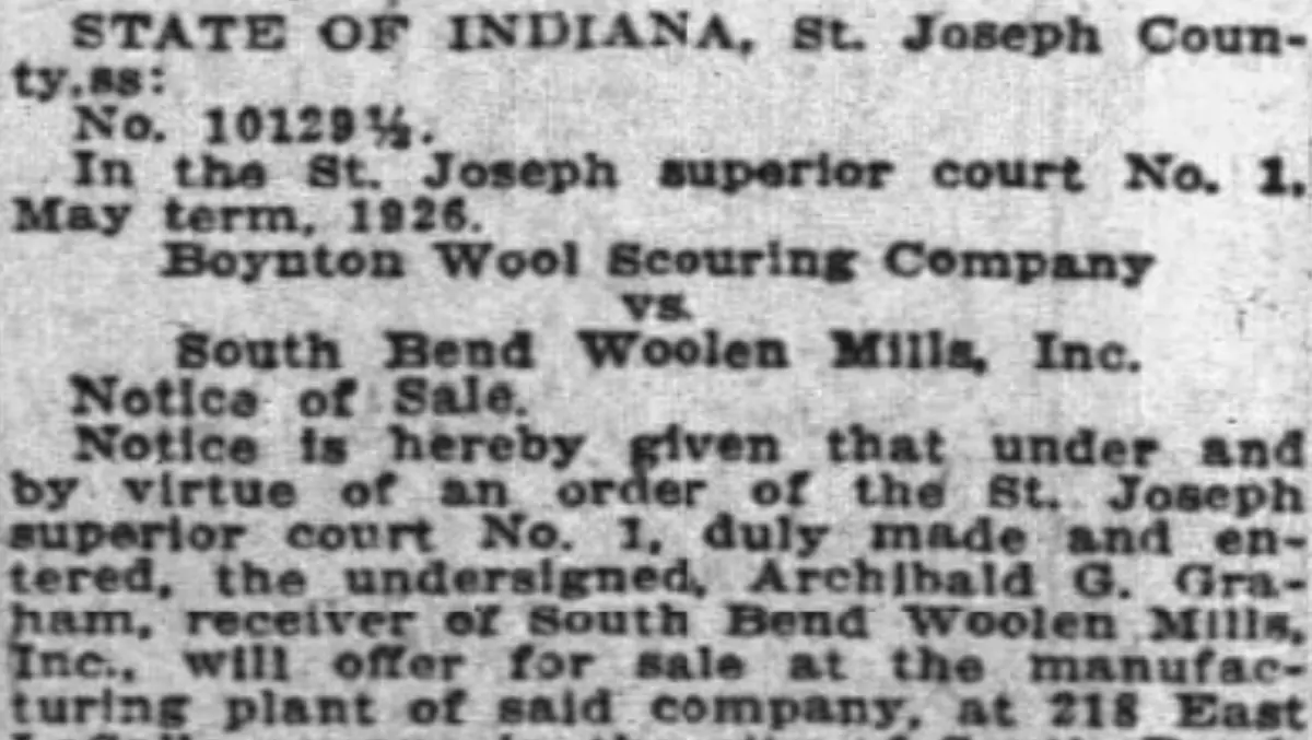 Notice of sale of the South Bend Woolen Mills Inc.