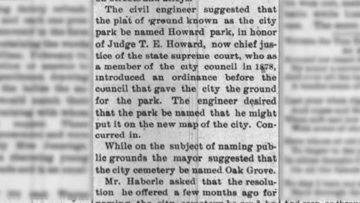Newspaper clipping shows the first mention of Howard Park
