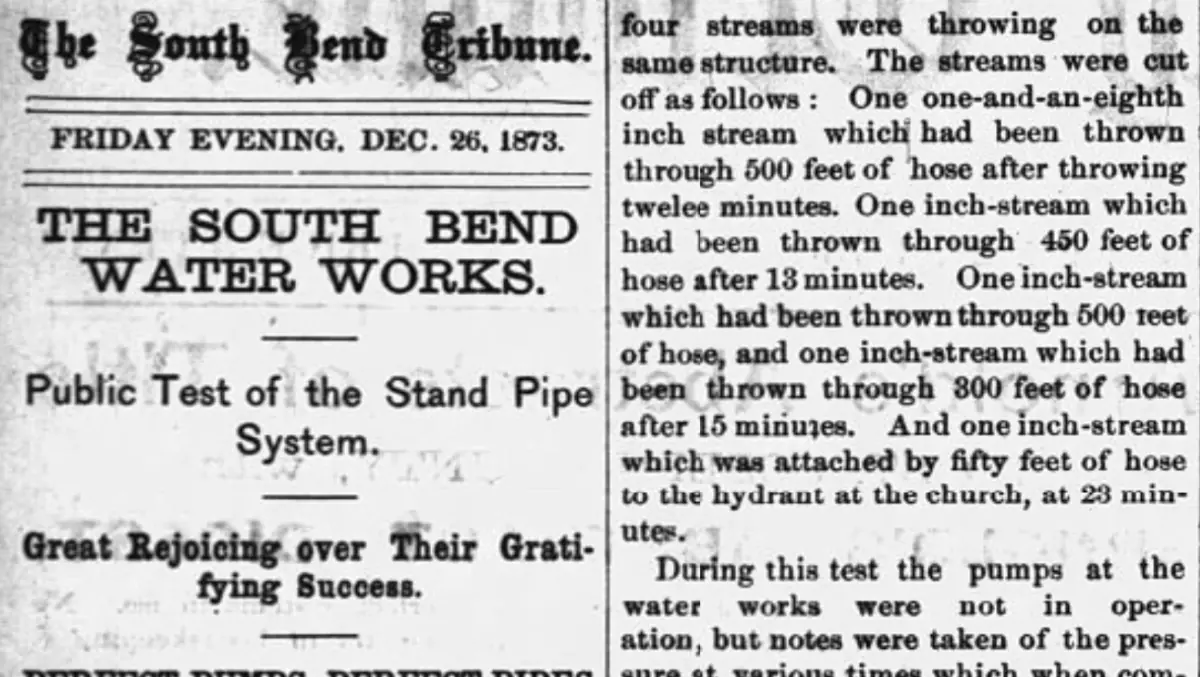 Newspaper clipping about South Bend Water Works in 1873