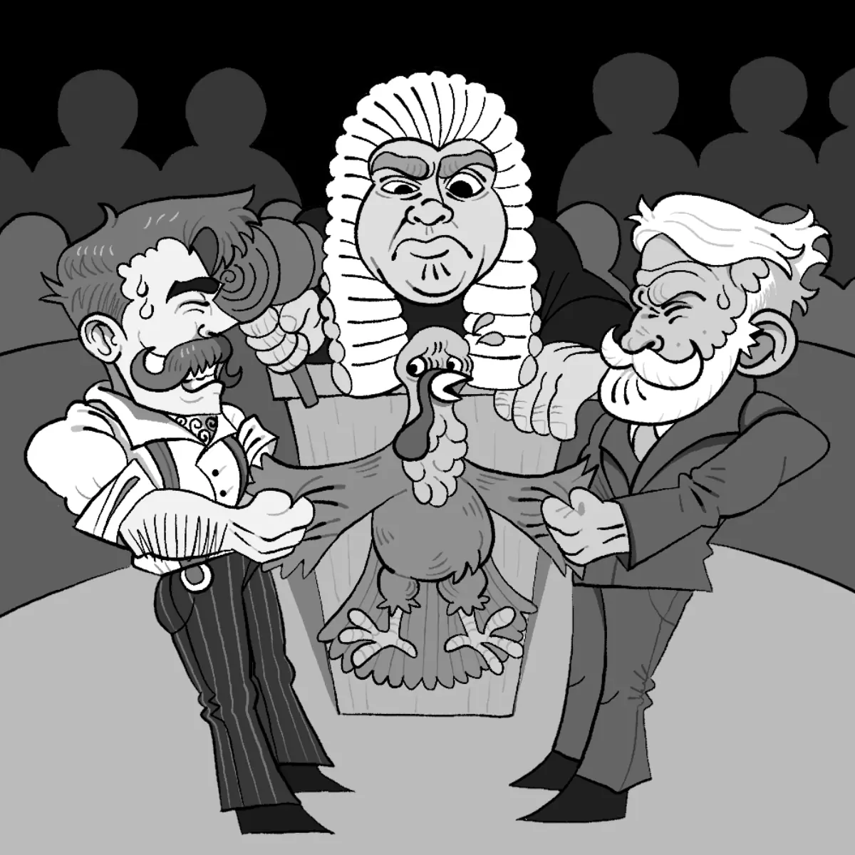 Cartoon depcits two men fighting over a turkey in front of a judge.