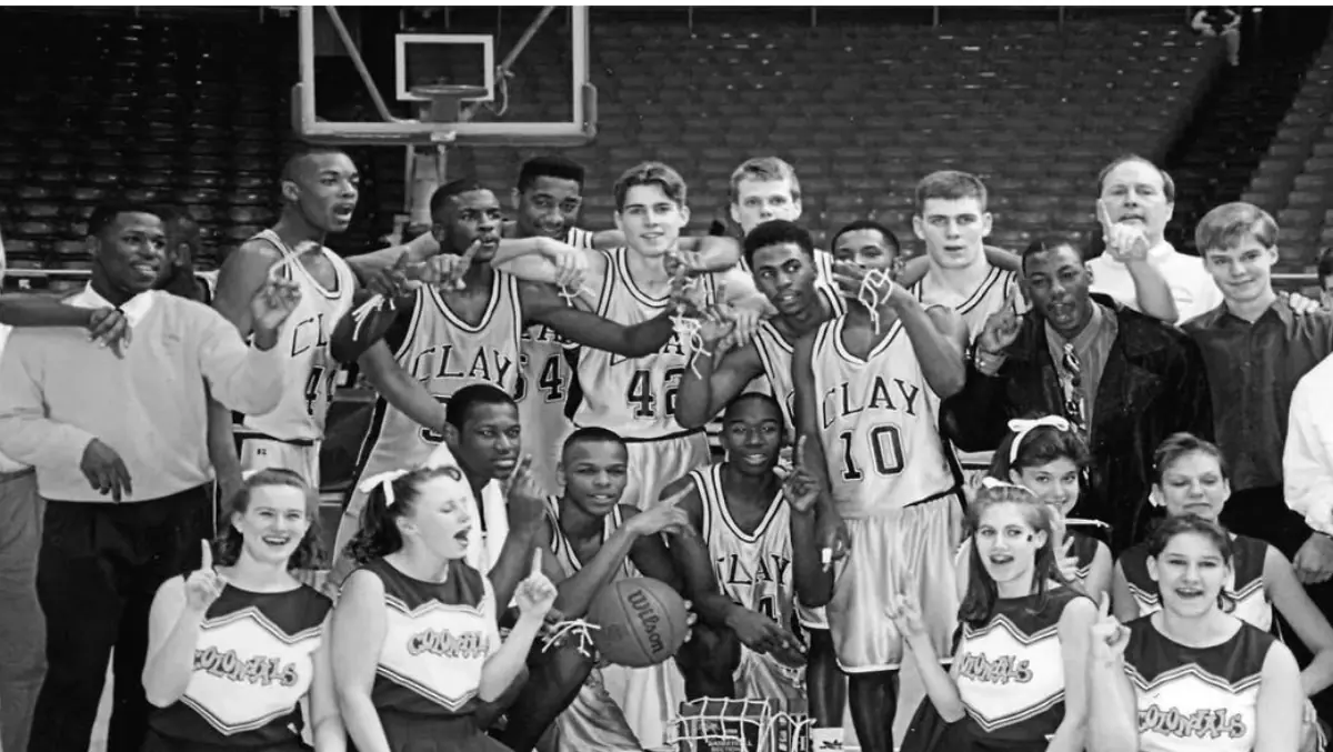 The 1994 Clay Colonials celebrate winning Indiana's State Basketball Championship.